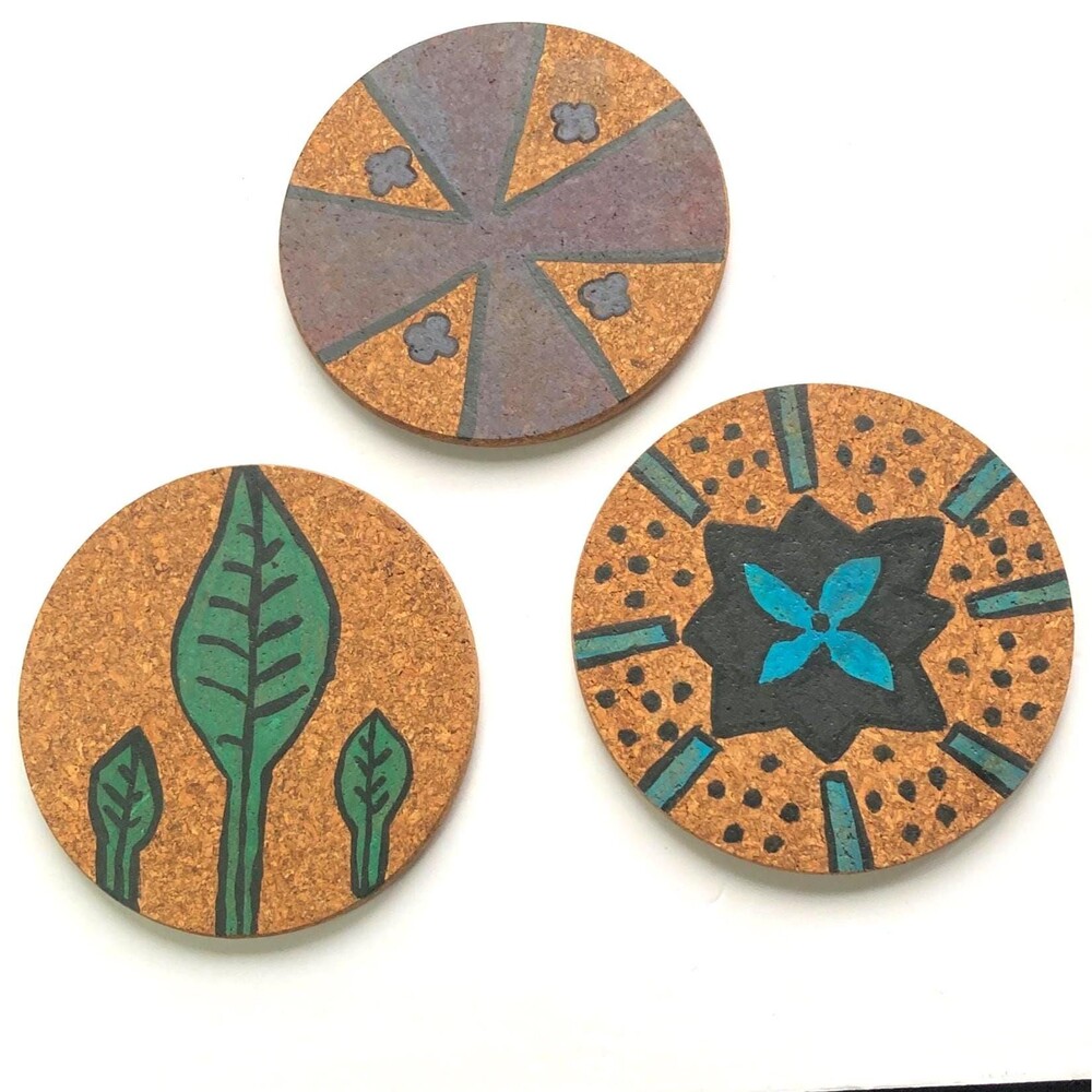 Nature-Inspired Hand-Painted Cork Heat Trivets 7.5 inches Round Set of 3